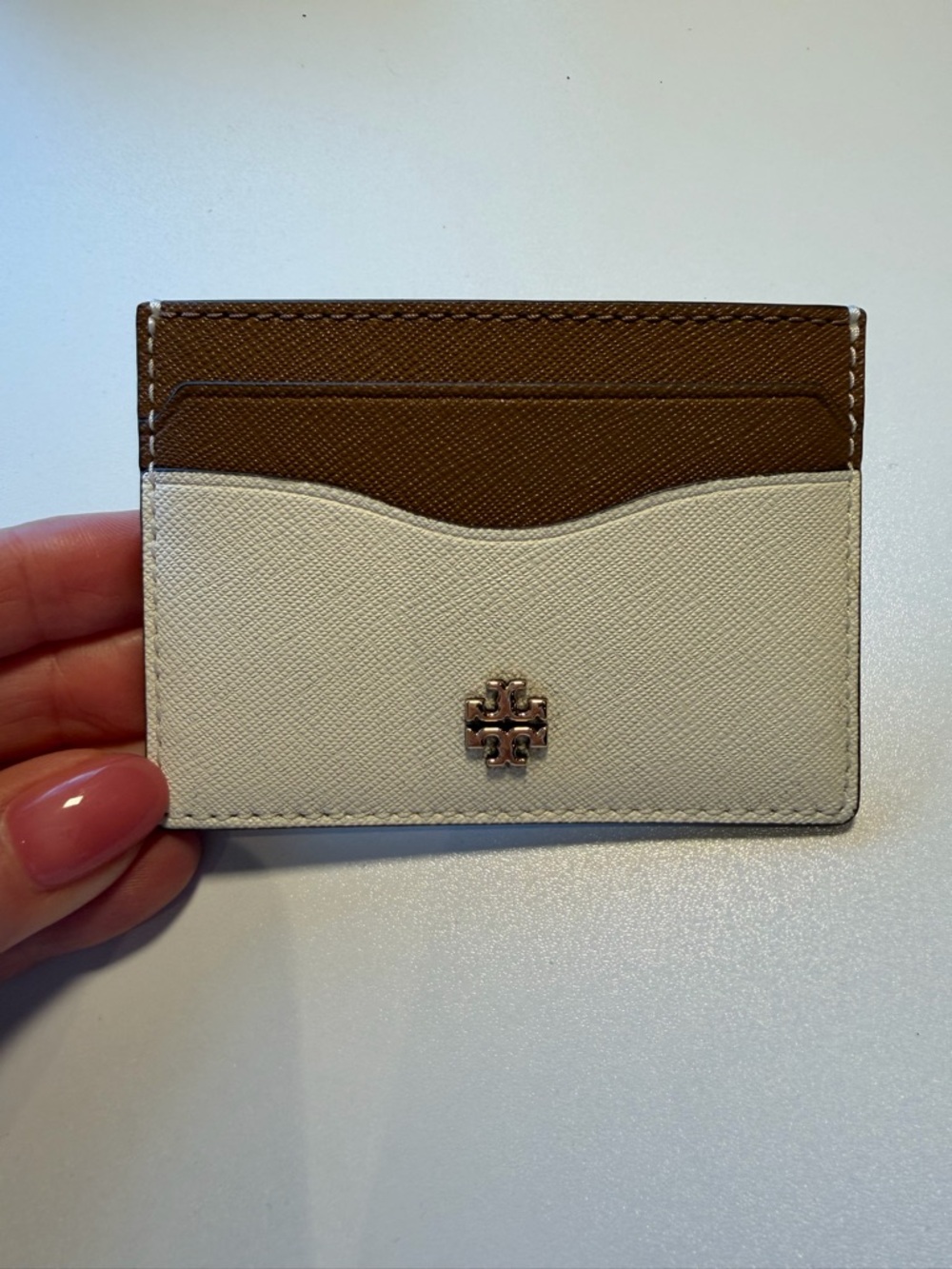 Tory Burch Cream and Brown Slim Card Case with Gold Logo